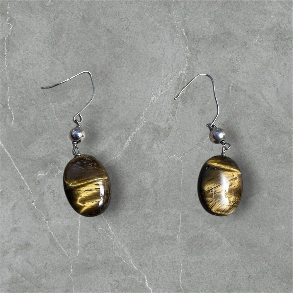 Tigers Eye and Sterling Silver Earrings marked 925